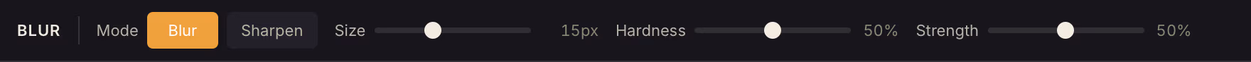 The Blur options bar: Mode (Blur or Sharpen), Size, Hardness and Strength