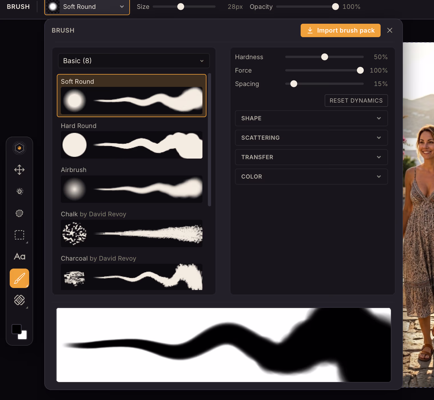 The Brush panel: a list of brushes, each with its tip and a stroke preview, dynamics sliders on the right and a large stroke preview below