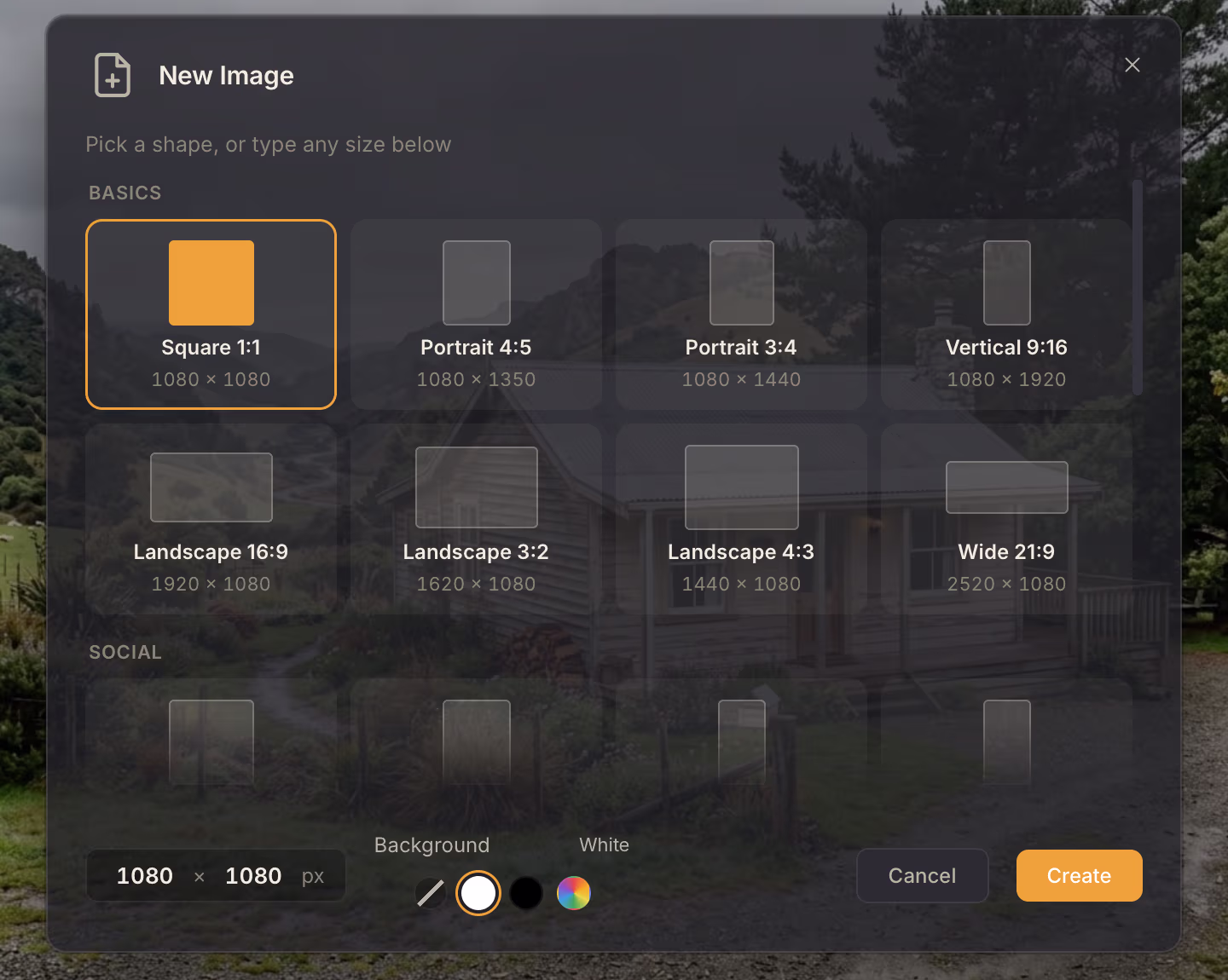 The New Image dialog, with a gallery of shapes under Basics (Square 1:1, Portrait 4:5, Landscape 16:9 and more) and a Social section below