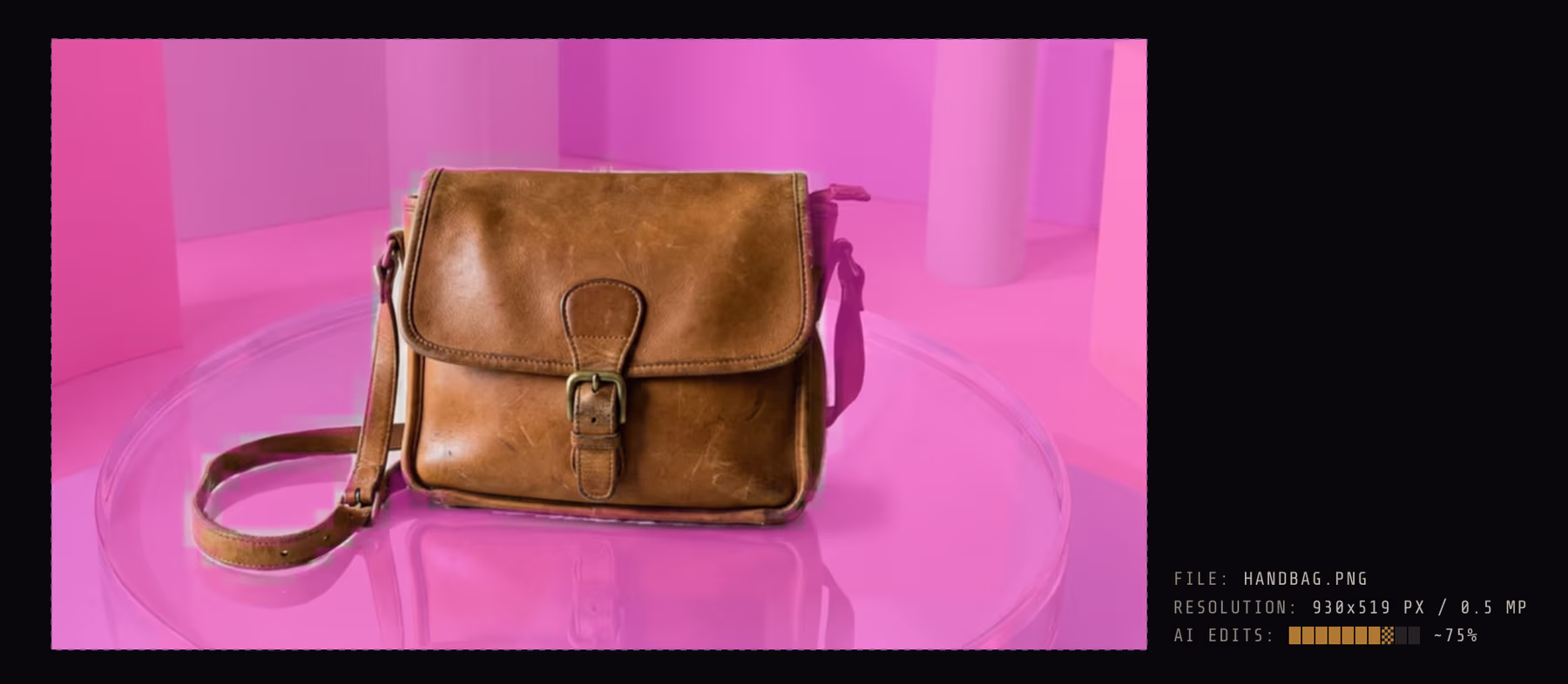 A product photo of a leather bag with View ▸ AI Overlay on: the AI-made backdrop is tinted pink, the bag is untouched, and the image info beside it reads AI edits ~75%