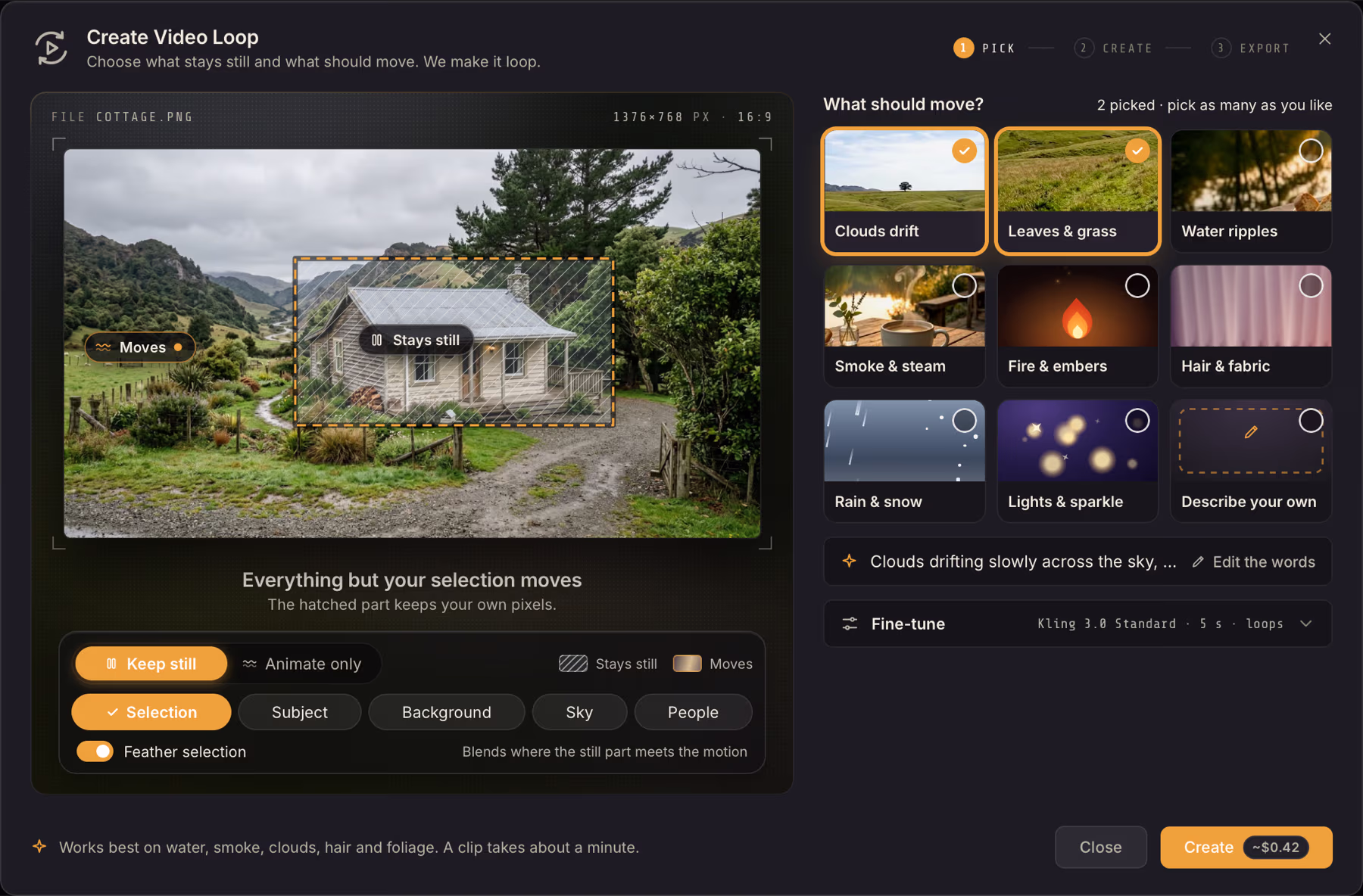 The Video Loop dialog open on a photo of a cottage in the hills. The cottage is selected to stay still, and Clouds drift and Leaves & grass are picked to move.