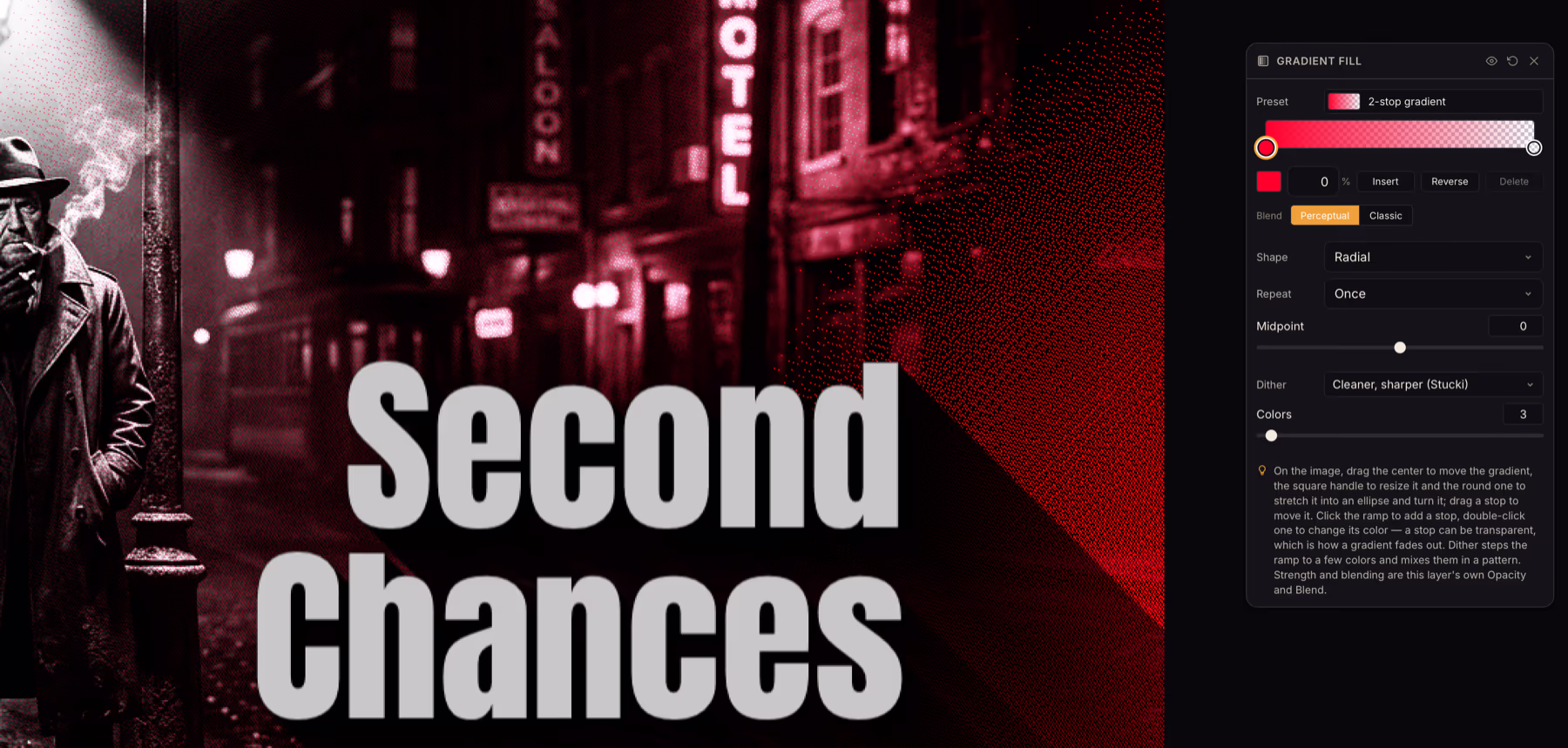 A close-up of the movie poster's right side, where a red radial gradient fades out into a fine stipple of red dots over a night street. The Gradient Fill panel beside it shows Shape: Radial, Repeat: Once, and Dither: Cleaner, sharper (Stucki) with 3 colors.