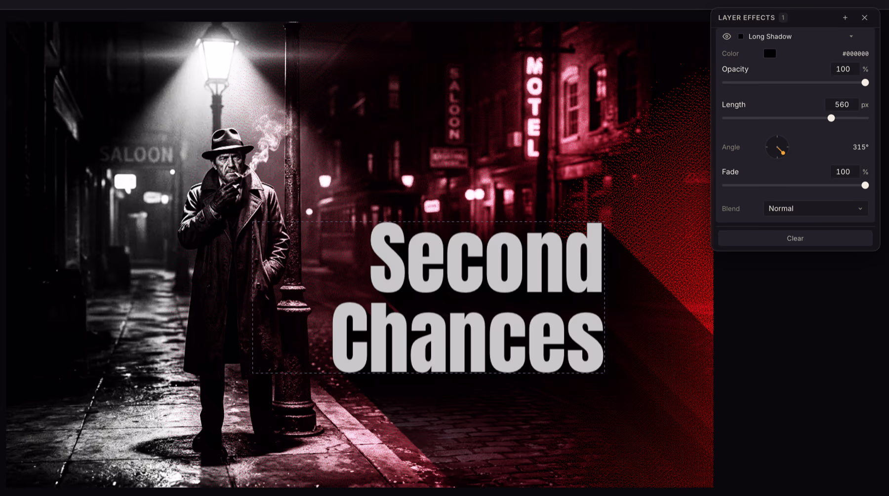 A film noir movie poster with the title Second Chances in big gray letters. A long dark shadow from the letters runs down and to the right across a red-lit street, and the Layer Effects card beside it shows the Long Shadow controls: Color, Opacity, Length, Angle, Fade and Blend.