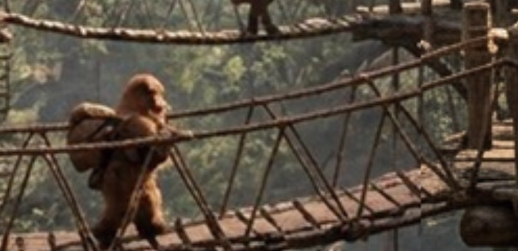 A rope bridge between treetop huts with a small furry creature crossing it. Where an AI-edited layer meets the original, a vertical seam runs through the bridge: the ropes step sideways and the planks break.