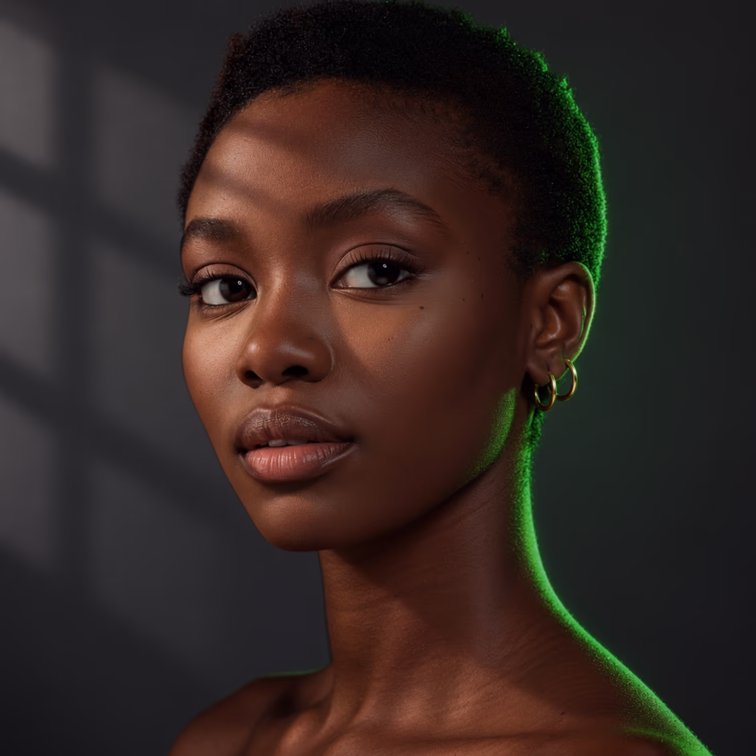 The same portrait after Relight Scene: light falls on one side of her face, a window-blind pattern shows on the wall behind her, and a green rim of light traces her hair, ear and shoulder