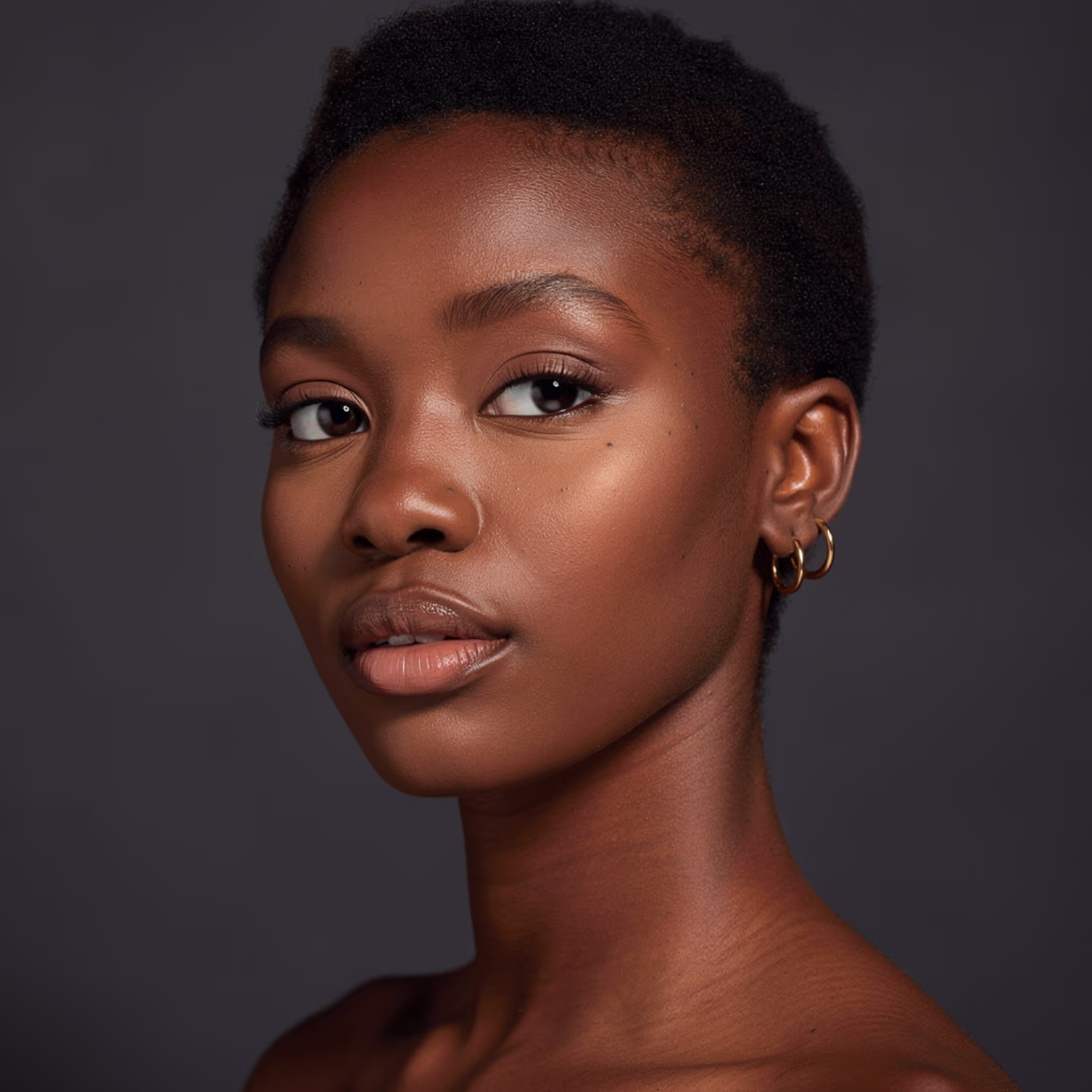 A portrait of a young woman with short hair against a flat gray wall, lit evenly from the front
