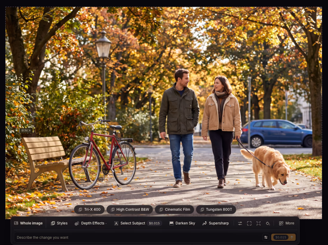 An autumn park photo of a man and a woman walking a golden retriever past a red bicycle and a wooden bench. The pointer rests on the bench: it is lightly tinted and tagged BENCH.