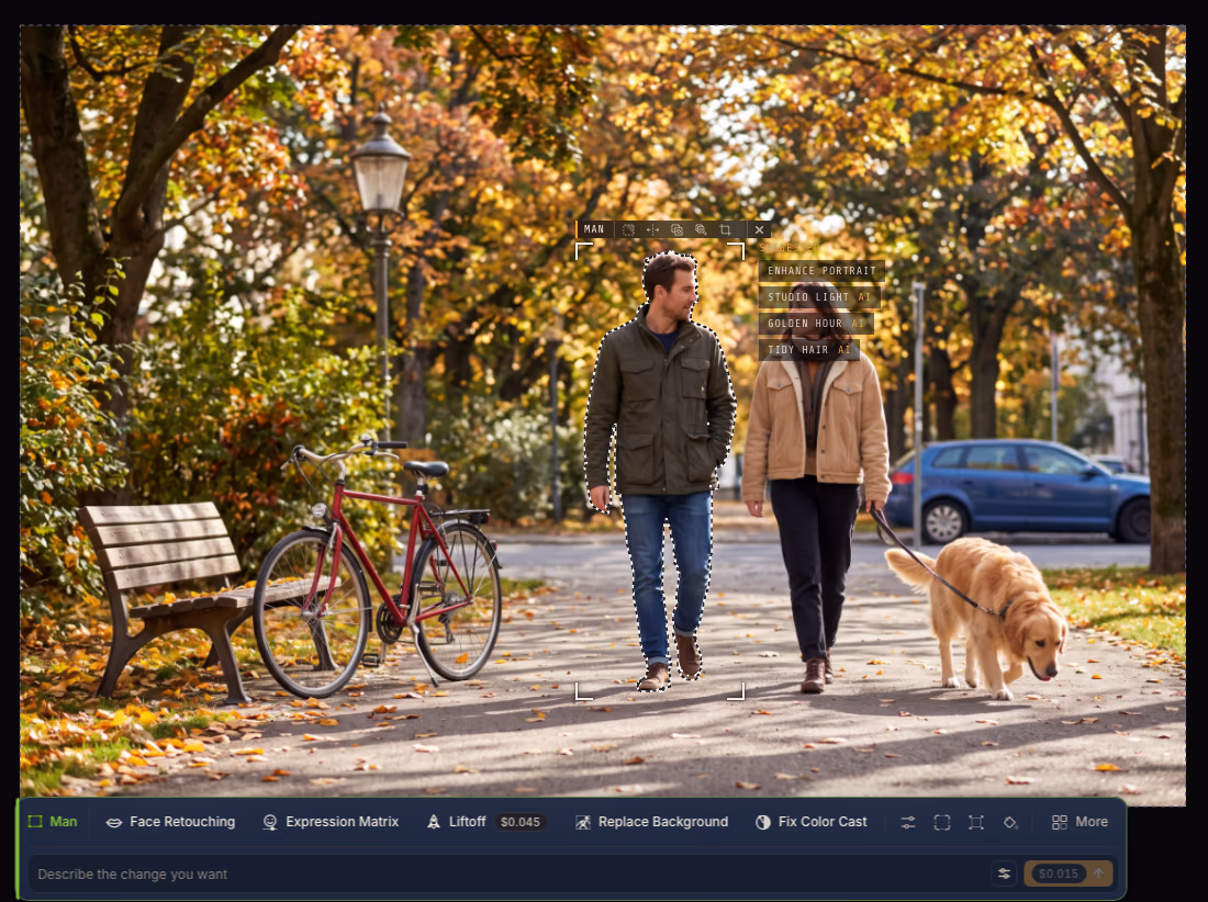 The same park photo with the man selected: a dashed outline around him, corner brackets and a tab reading MAN with selection tools, a list of suggested edits (Enhance Portrait, Studio Light, Golden Hour, Tidy Hair) beside him, and the action bar below showing Face Retouching, Expression Matrix, Liftoff, Replace Background and Fix Color Cast.