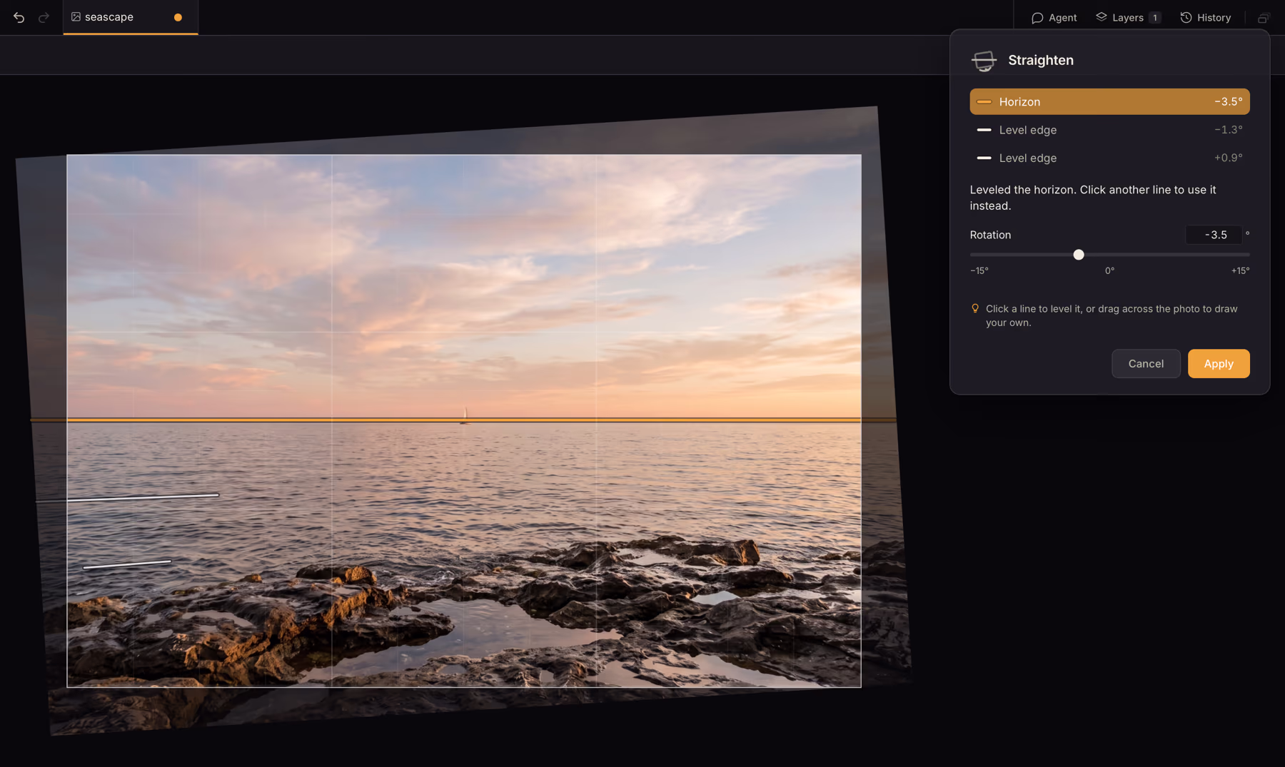 A tilted seascape at sunset with the Straighten dialog beside it: the horizon is the chosen line at minus 3.5 degrees, the picture has turned level, and a shaded border shows what the crop will cut away. A Rotation slider and Cancel and Apply buttons are below.