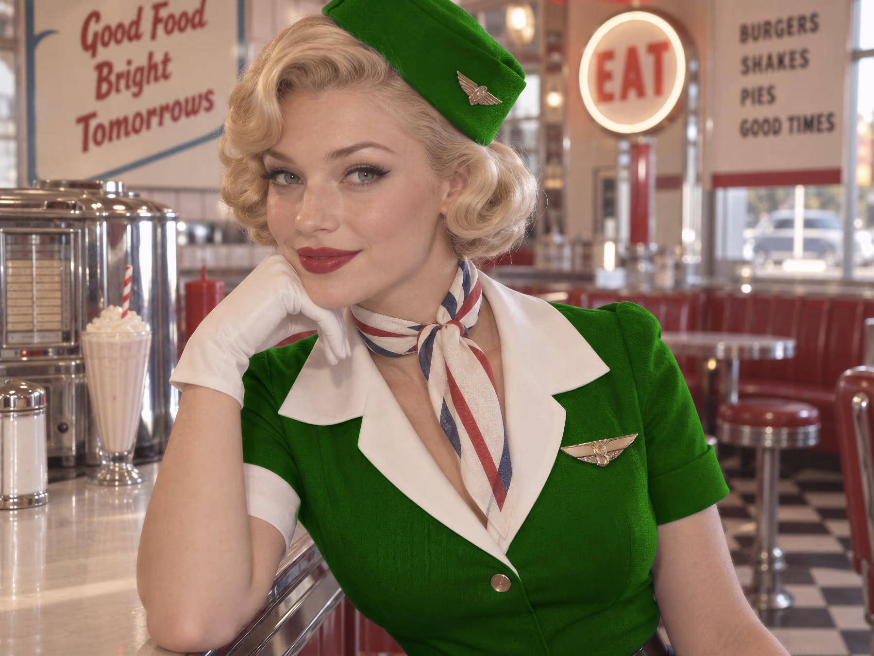 The same photo after Change Color: the blouse and cap are emerald green with their folds and shadows intact, while the white collar, gloves, scarf, gold wings and buttons keep their own colors.