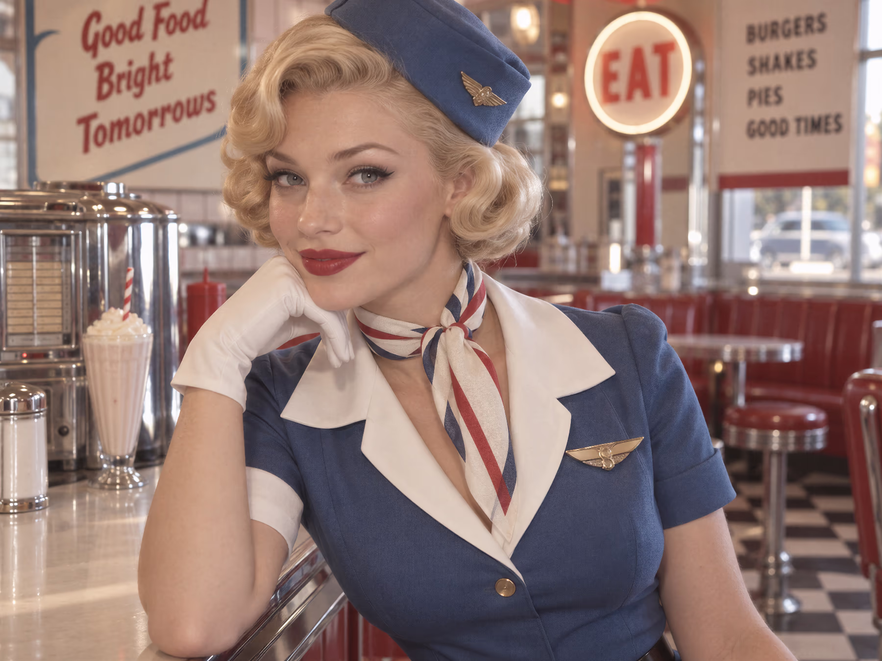 A 1950s air hostess leaning on a diner counter in a navy blue blouse and cap with a white collar, white gloves and a red, white and blue scarf.