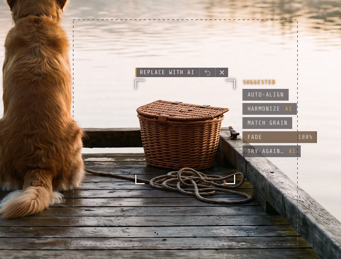 A golden retriever on a lake dock beside a wicker picnic basket that Replace with AI put where a red bucket stood. Corner brackets frame the basket under a Replace with AI tab with Undo and close buttons, and a Suggested list beside it offers Auto-Align, Harmonize, Match grain, a Fade slider at 100 percent and Try again.