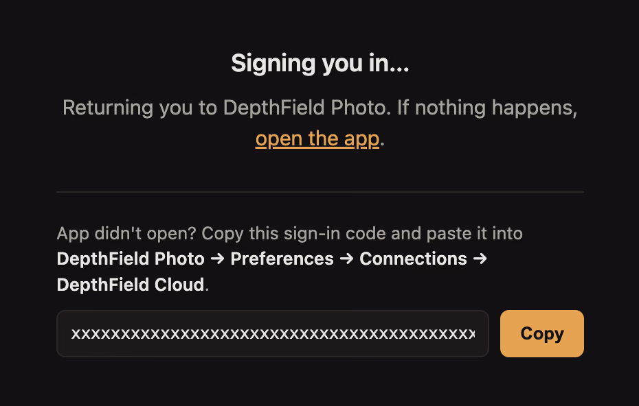 The browser page that says "Signing you in…", with an open-the-app link and a sign-in code.