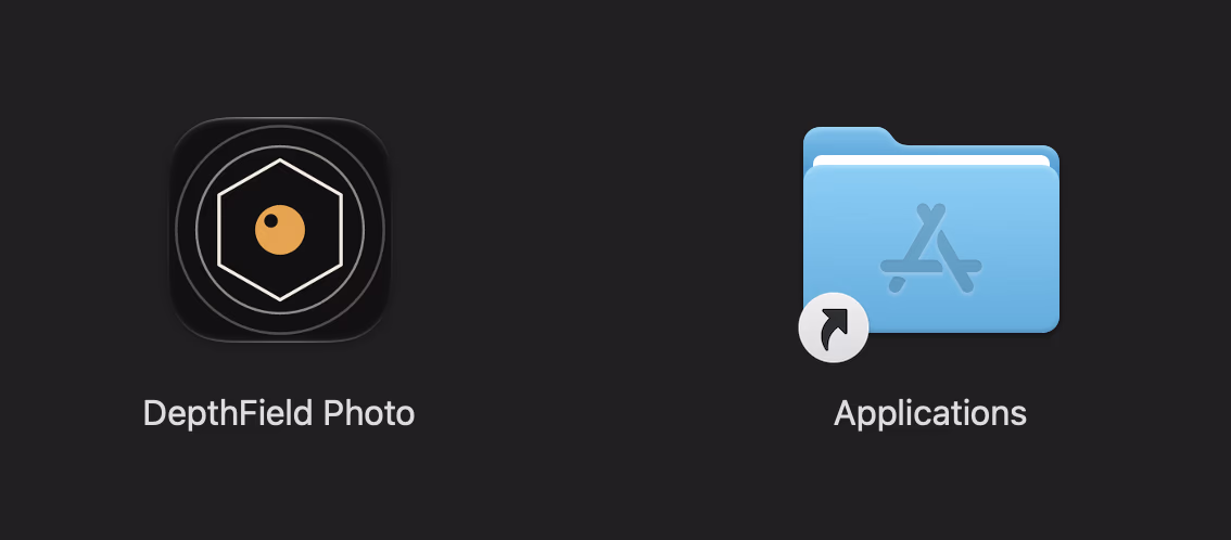 The DepthField Photo disk image: the app icon next to a shortcut to the Applications folder.