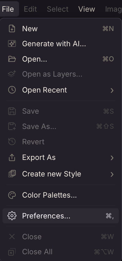 The File menu with Preferences… highlighted near the bottom.