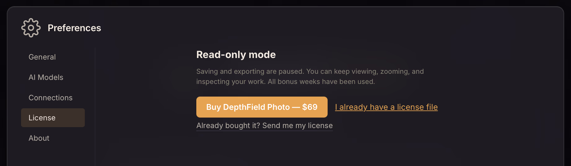 Preferences, License tab: "Read-only mode", a Buy button, and an "I already have a license file" link.