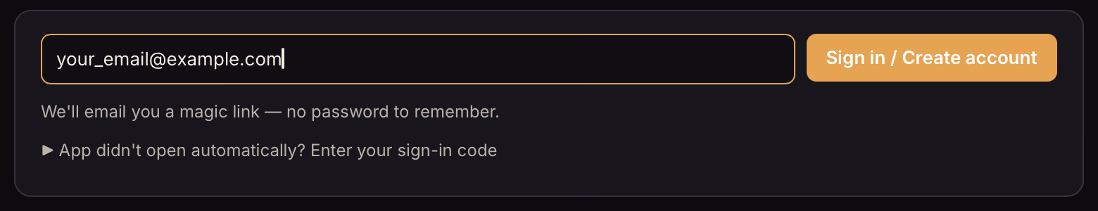 The sign-in field: an email address and a Sign in / Create account button.
