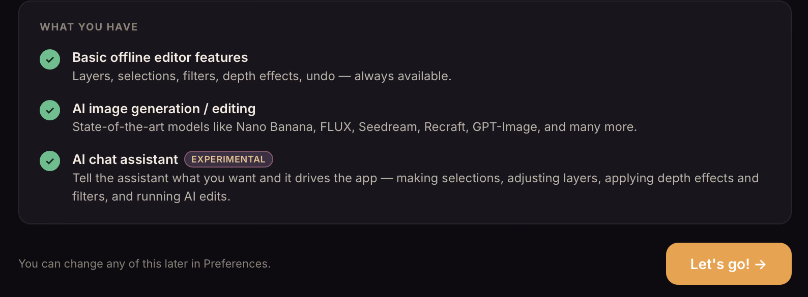 The "What you have" checklist with offline editing, AI image generation and the chat assistant all checked, and the Let's go button.