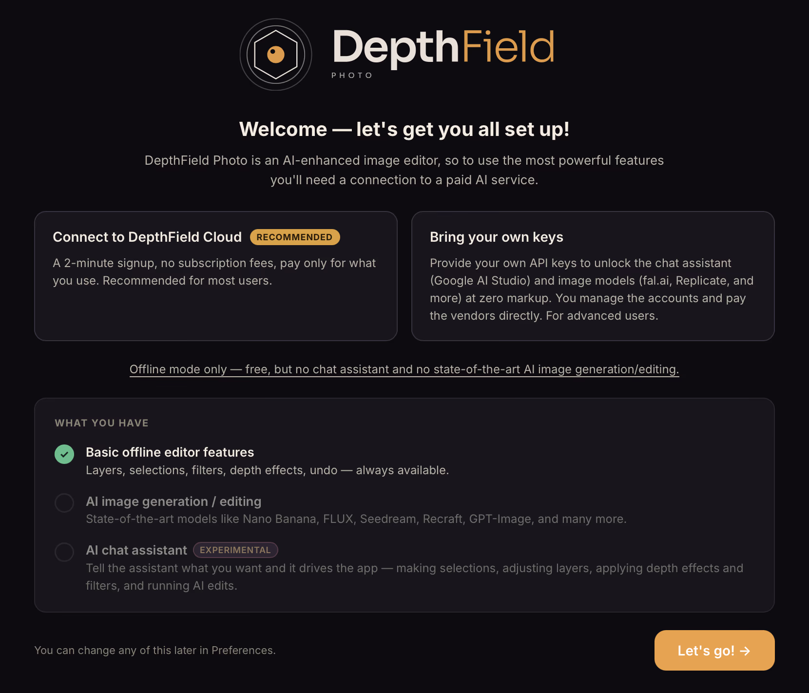 The setup screen, offering DepthField Cloud (recommended), your own API keys, or offline mode.